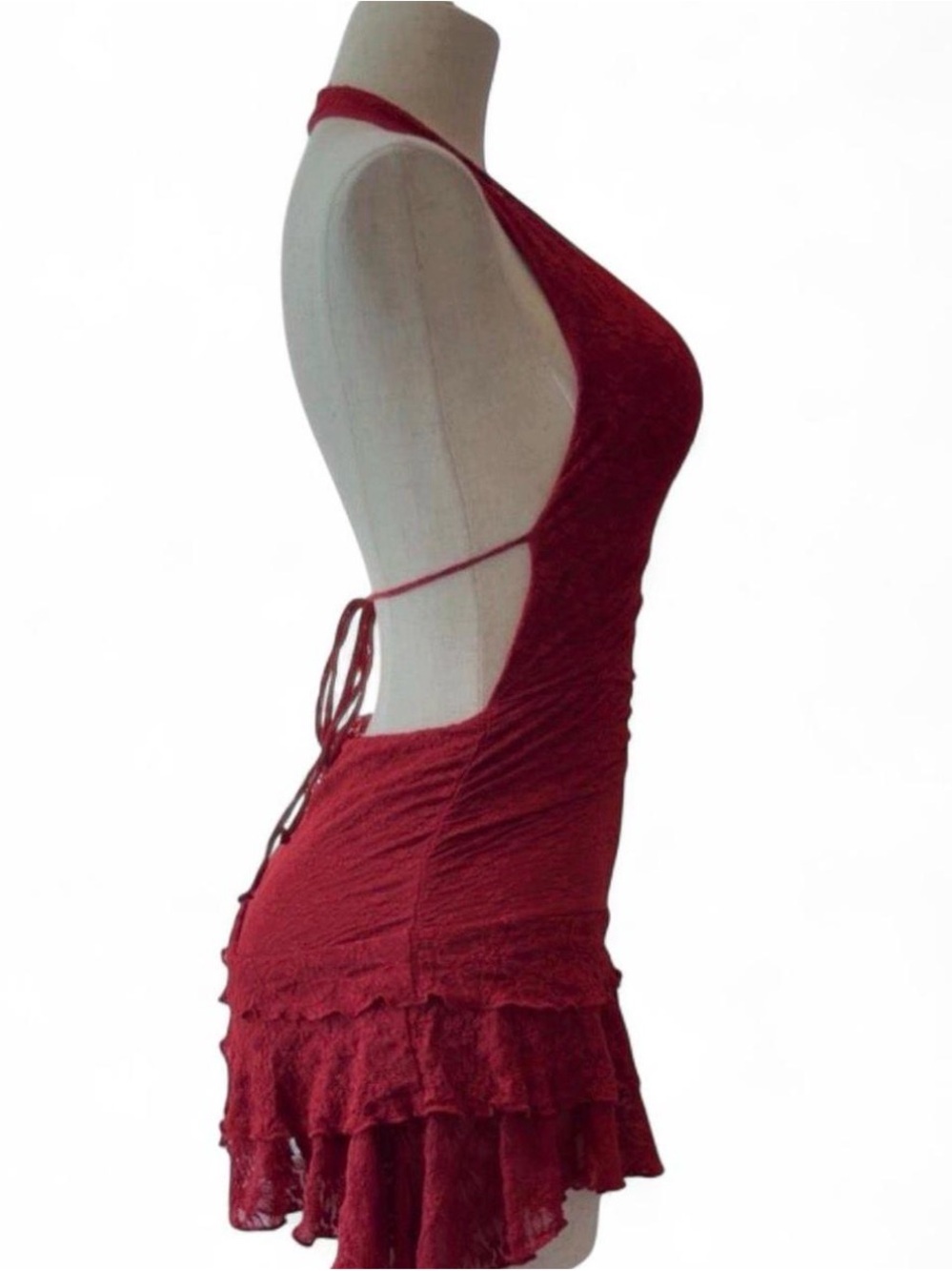 Red Lace Halter Mini Dress with Ruffle Hem - Picture 5 of 7
